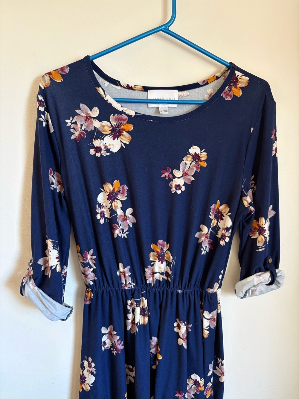 French Grey Navy Floral Elastic-Waist Dress